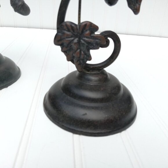 Metal Bronze Acorn Grape Leaf Candlestick Pair Pillar Candle Holder Thanksgiving - Picture 6 of 16